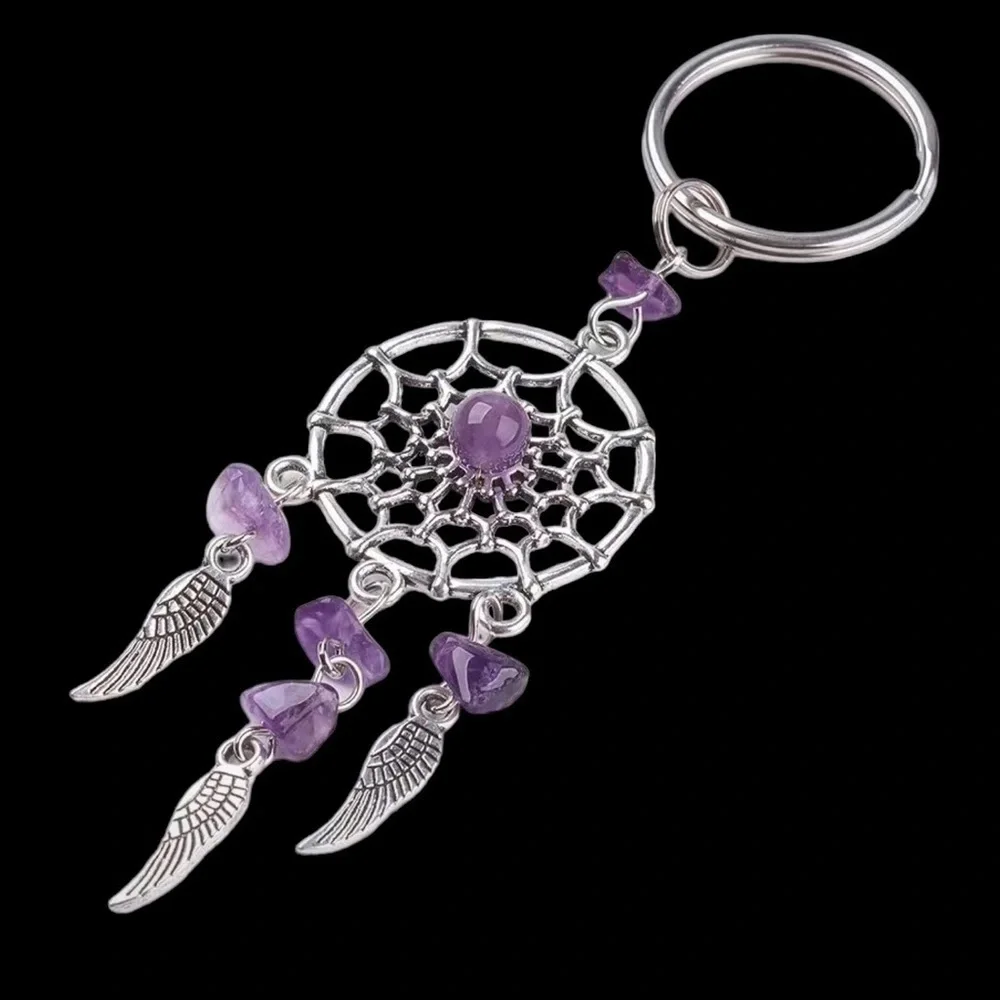 Dream Catcher Native American Keychain Silver Amethyst Purple